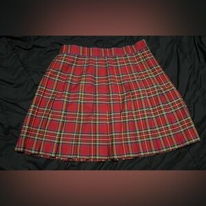 90s y2k red plaid pleated midi skirt